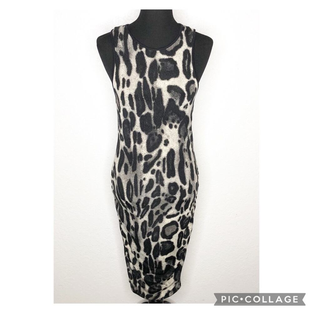 Karina Grimaldi black gray leopard animal print sweater knit midi dress Large